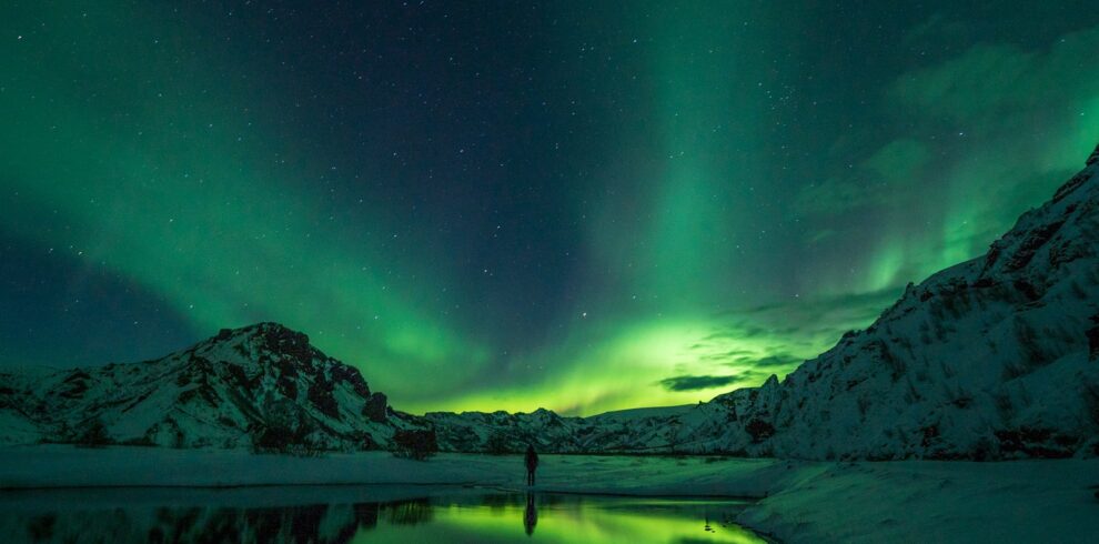 snow mountain with Aurora borealis